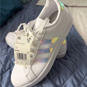 NWT adidas Grand Court White Sneakers with Iridescent Stripes